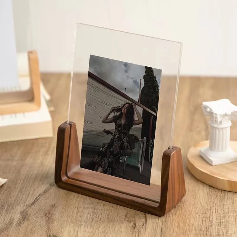 Walnut/Beech Creative Photo Frame Acrylic U Shape Transparent Frame Desktop Wood Wedding Pictures Frame Office Decor