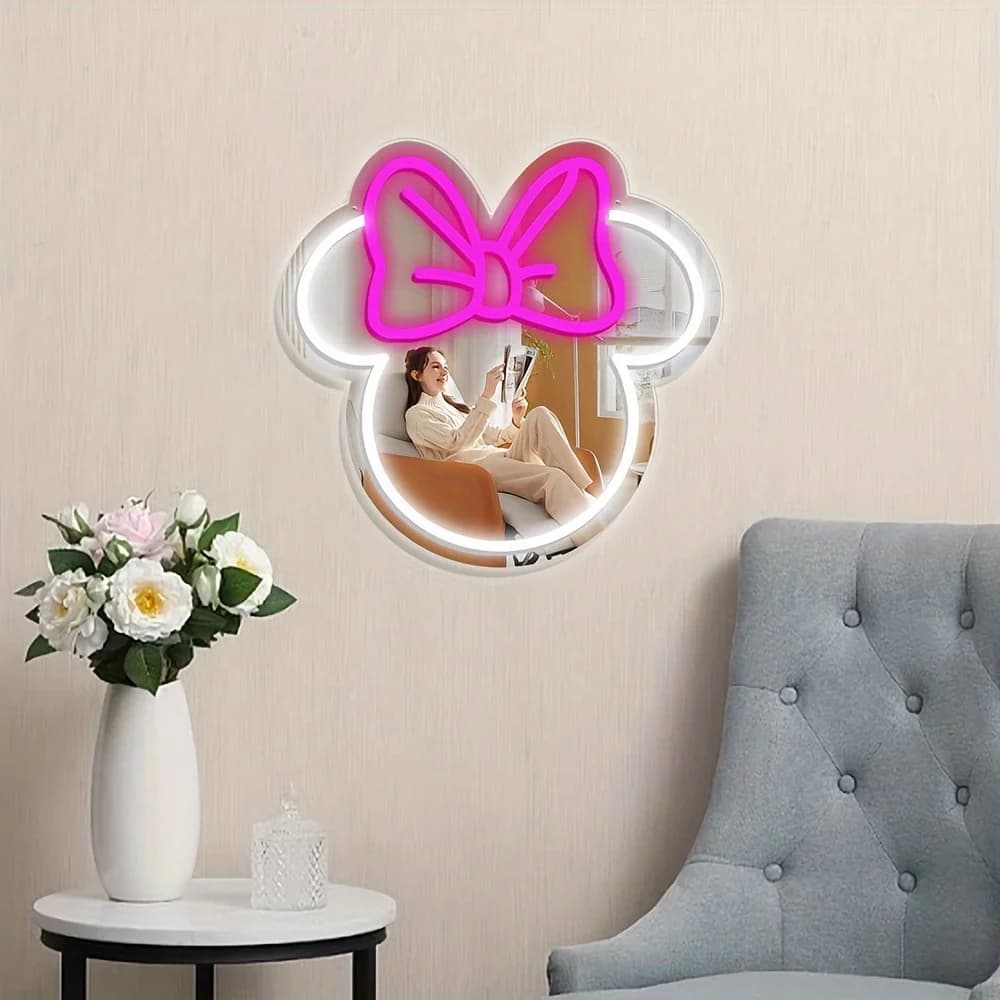 Insegna LED Neon Disney Minnie Mouse con Fiocco Rosa per Cameretta Bambini, Decorazione Casa, Luce Notturna Carina, Regalo, Atmosfera Magica e Accogliente