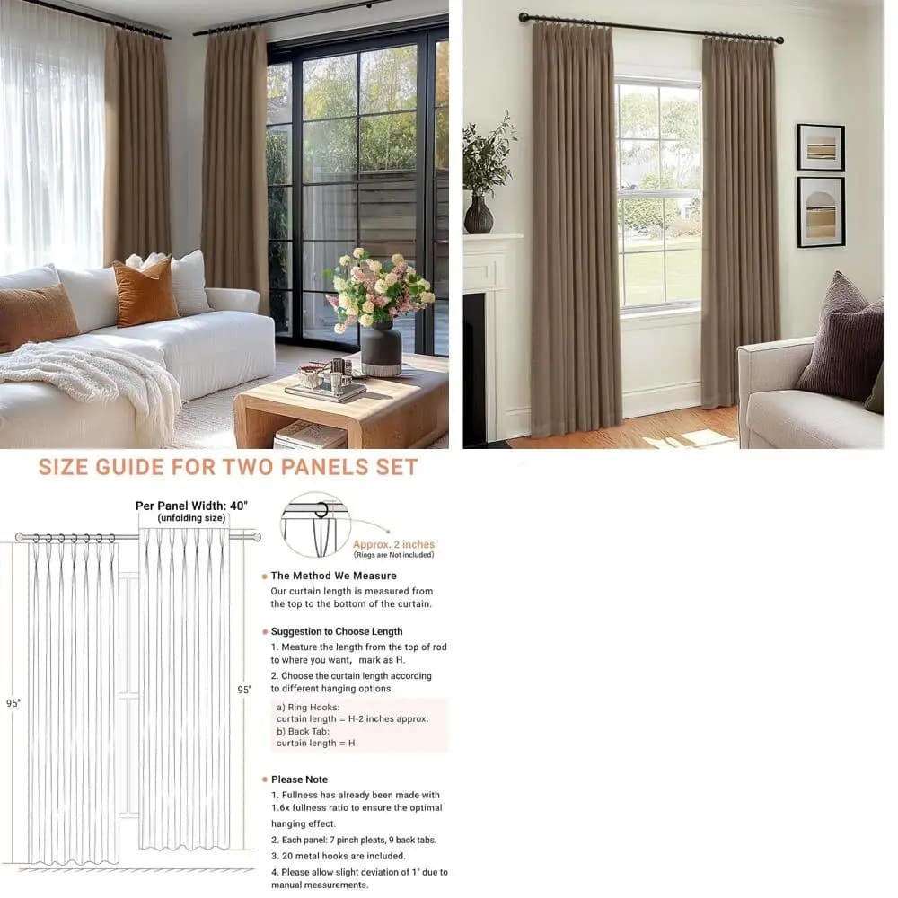 Dark Curtains in Linen with Pieghe a Pizzico, Set of 2 Panels, Length 108, Width 40, Brown