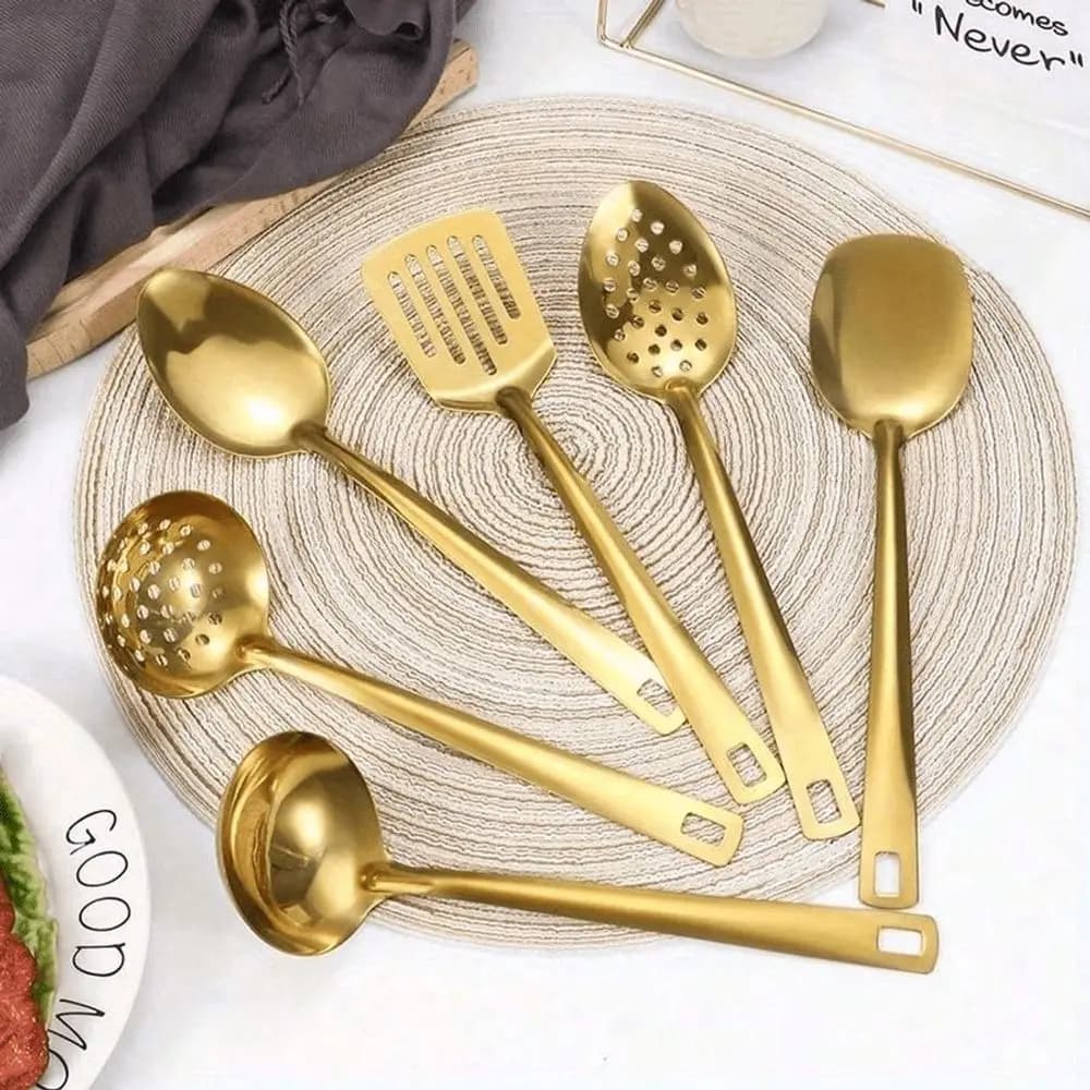 6-Piece Stainless Steel Communal Service Tableware Set, Rice Spoon, Filter Spoon, Soup，Frying Pan Spoon, Flat Spatula