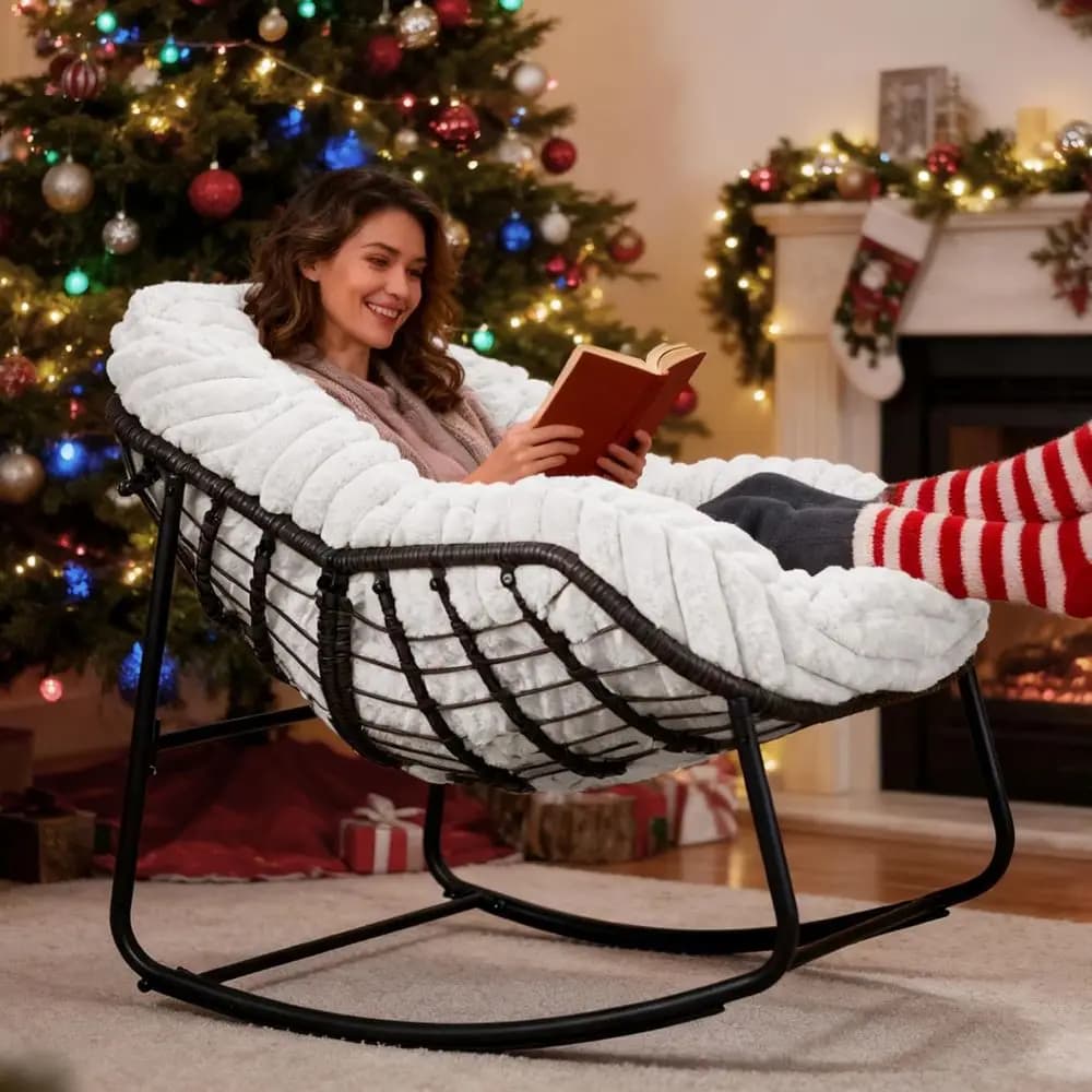 Egg-shaped rocking chair in white wicker for outdoors with cushion, ideal for patio, garden and veranda
