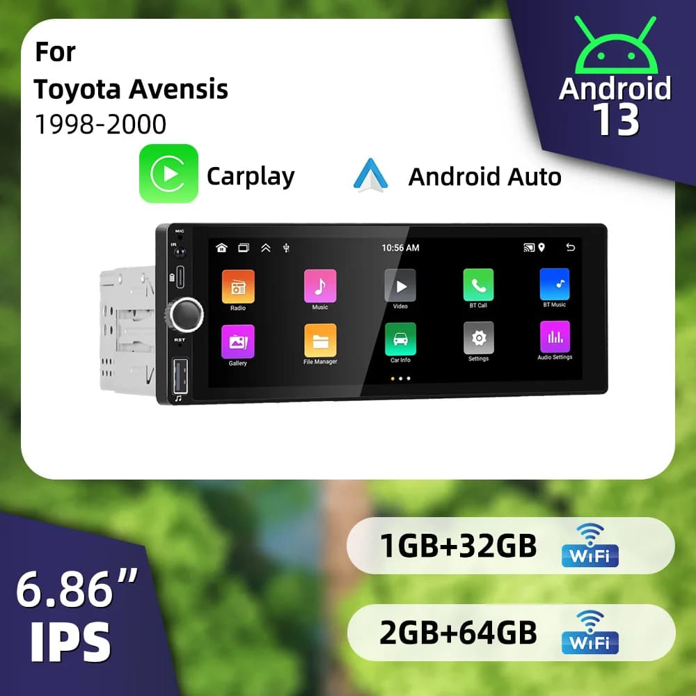 Autoradio Multimedia Android Plug and Play for Toyota Avensis 1998-2000, Supporta Carplay, Android Auto, GPS, 6.86 Inches, 1Din