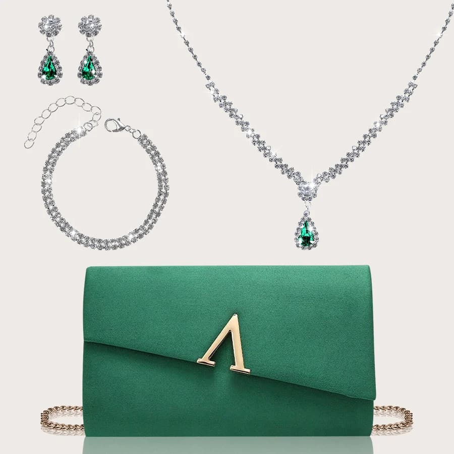 Beautiful and simple woman's clutch in solid color, combined with a set of four pieces of earrings with glossy rhinestones, bracelet and necklace with pendant, evening bag with elegant and refined metal design, suitable for party girls