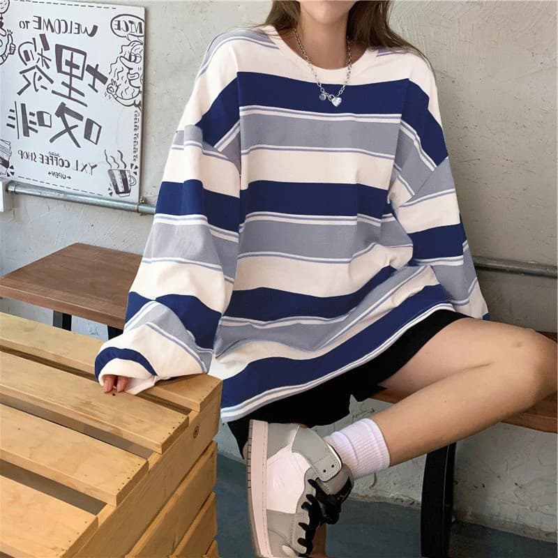 Women’s Clothing Autumn Casual Trendy Long Sleeve T-shirt Fashion Stripe Printing Round Neck Loose Pullover Tops Streetwear