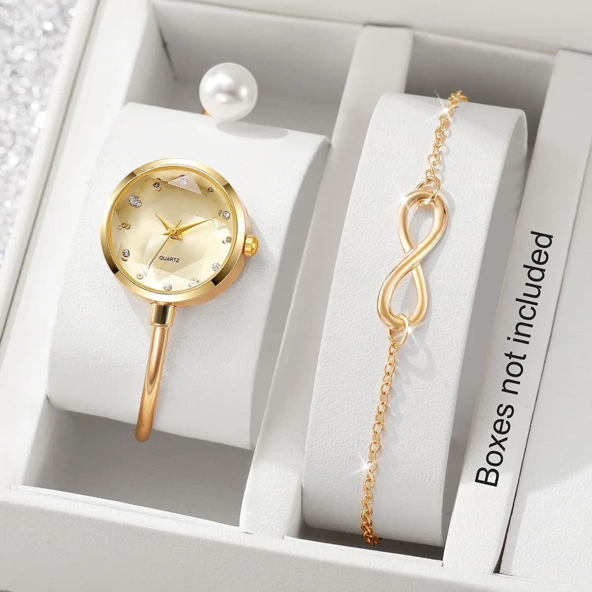 2PCS Elegant Women Quartz Watch Bracelet Set Fashion Pearl Opening-cuff Bangle Girls Wristwatches Reloj Mujer（Without Box）