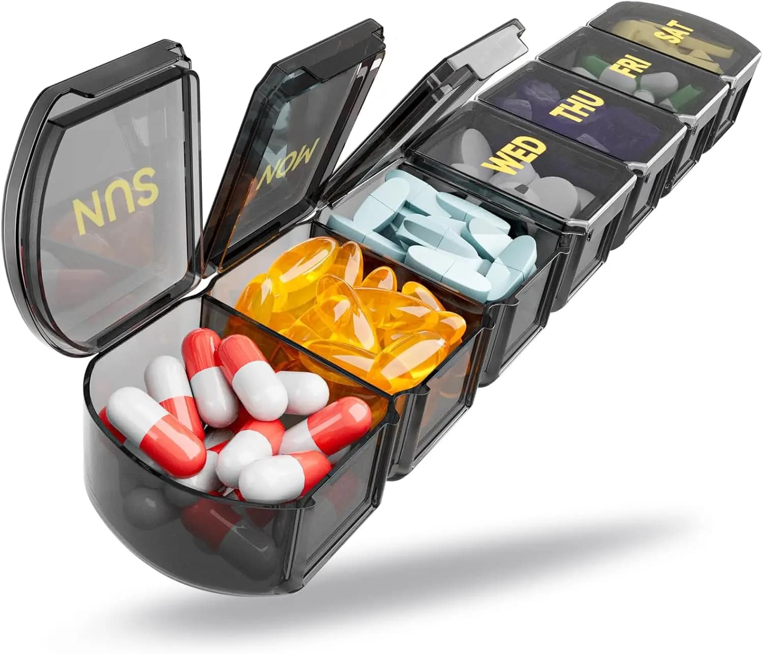 Grande Organizzatore Settimanale per Pillole, Porta Medicinali 7 Giorni con Coperchio Facile da Aprire, Contenitore per Vitamine Quotidiane da Viaggio, Nero