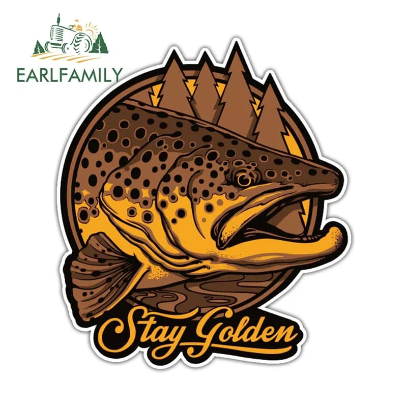 EARLFAMILY 13cm x 11.5cm Car Sticker Fish funny for Stay Golden Brown Trout Decal Tackle Box Tool Box Stickers for off-road luggage