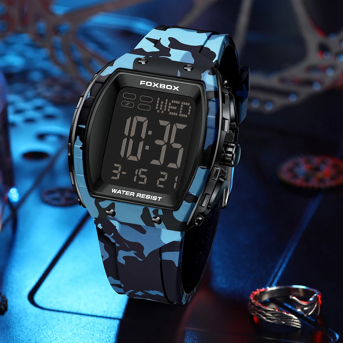 FOXBOX Men's Watch Fashion Camouflage Silicone Waterproof Digital Watches for Men Military Sports Chronograph LED Luminous Male