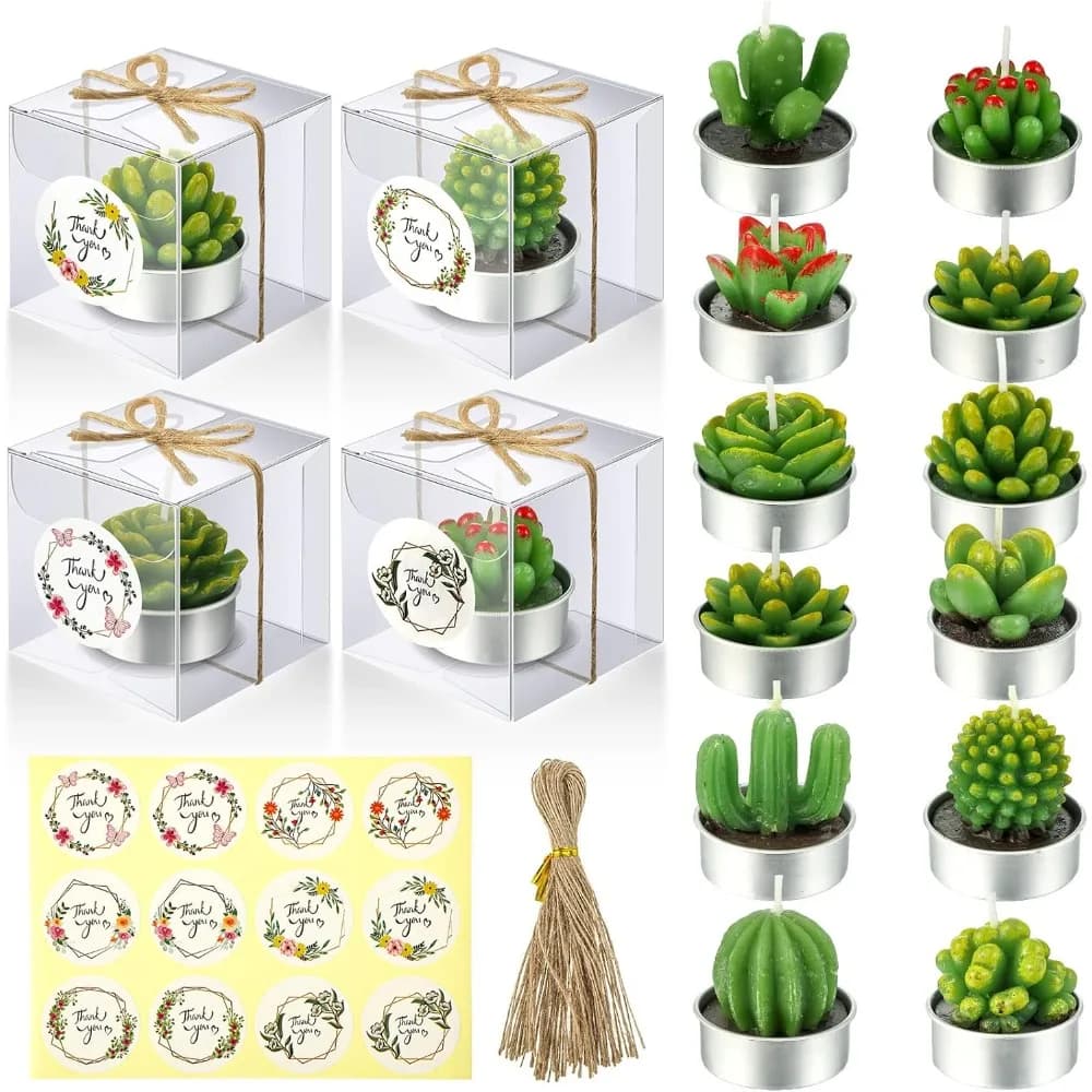 12 tealight candles set with succulent cactus for gift, small plants candles without smoke for Christmas, birthday, wedding, party, anniversary