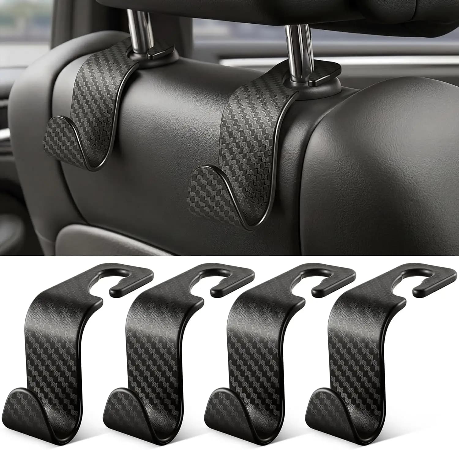 Ganci Universali per Poggiatesta Auto, Set da 4, Organizzatore per Sedile Posteriore in Fibra di Carbonio per Borse, Cappotti, Accessori Interni Auto Neri