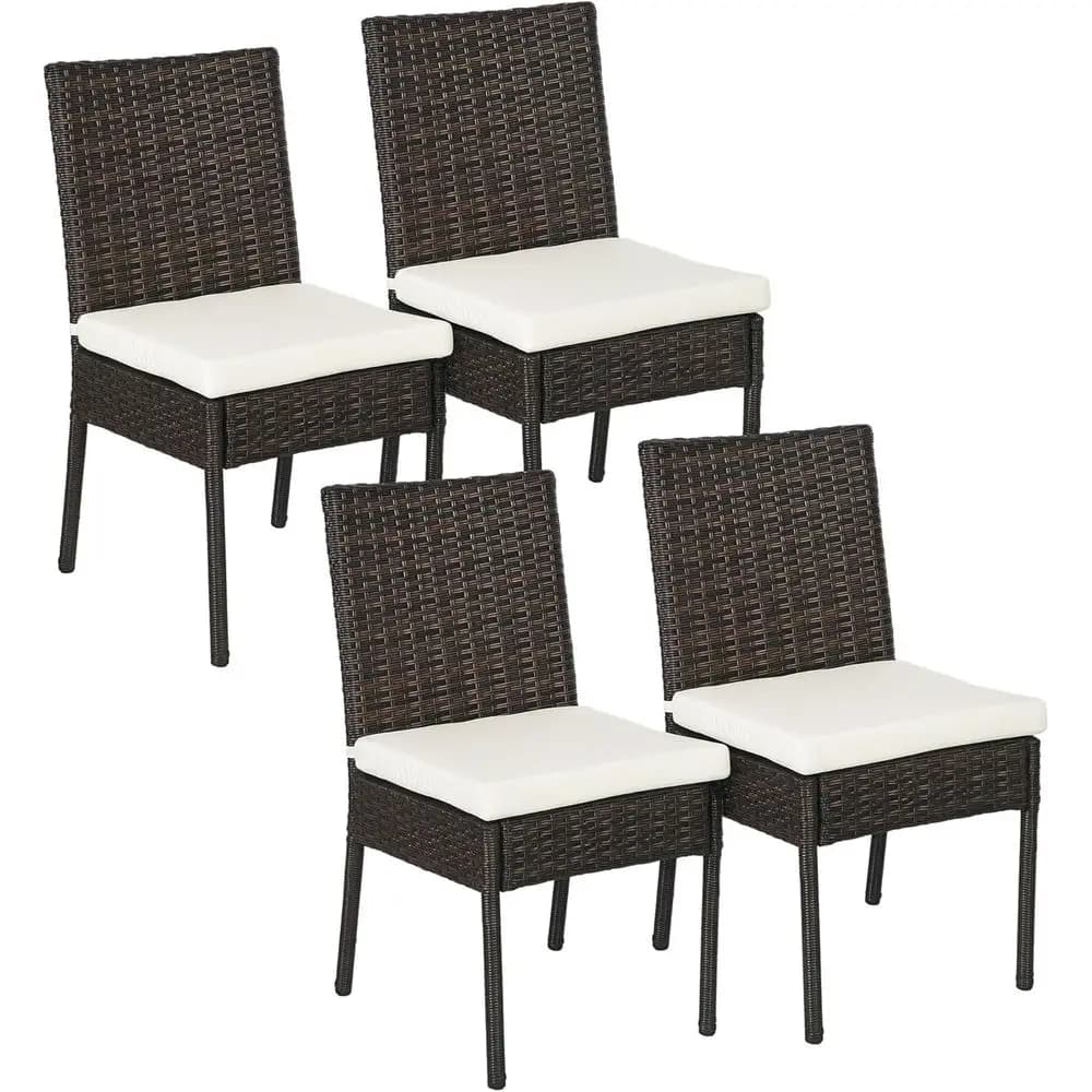 4 PE Rattan Outdoor Dining Chairs with Cushions, Patio Wicker Dining Chairs with Backrests or Porch, Deck, Garden, Brown