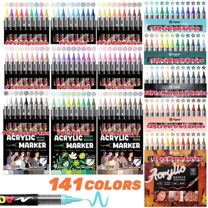 Direct Liquid Soft-Tip Acrylic Marker Set of 9-12 Colors, Non-Bleeding Watercolor Pens for Art Students DIY Coloring, Suitable for Rock Painting, Calligraphy, Scrapbooking, Handwriting, Card Making, Black Cardstock, Stone Painting, Wood, Plastic, Canvas, Suitable for Students and Office Professionals