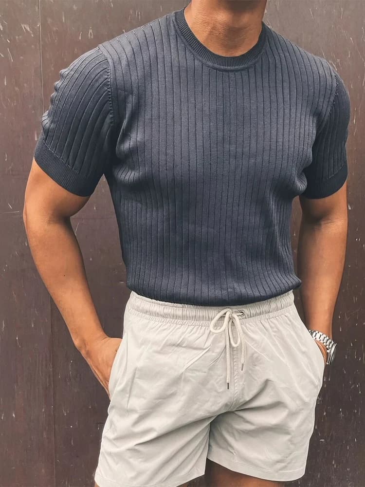 Maglietta in maglia con filato rinfrescante da uomo, stile americano, colletto piccolo, slim fit, a maniche corte, in filato di seta ghiaccio, T-shirt
