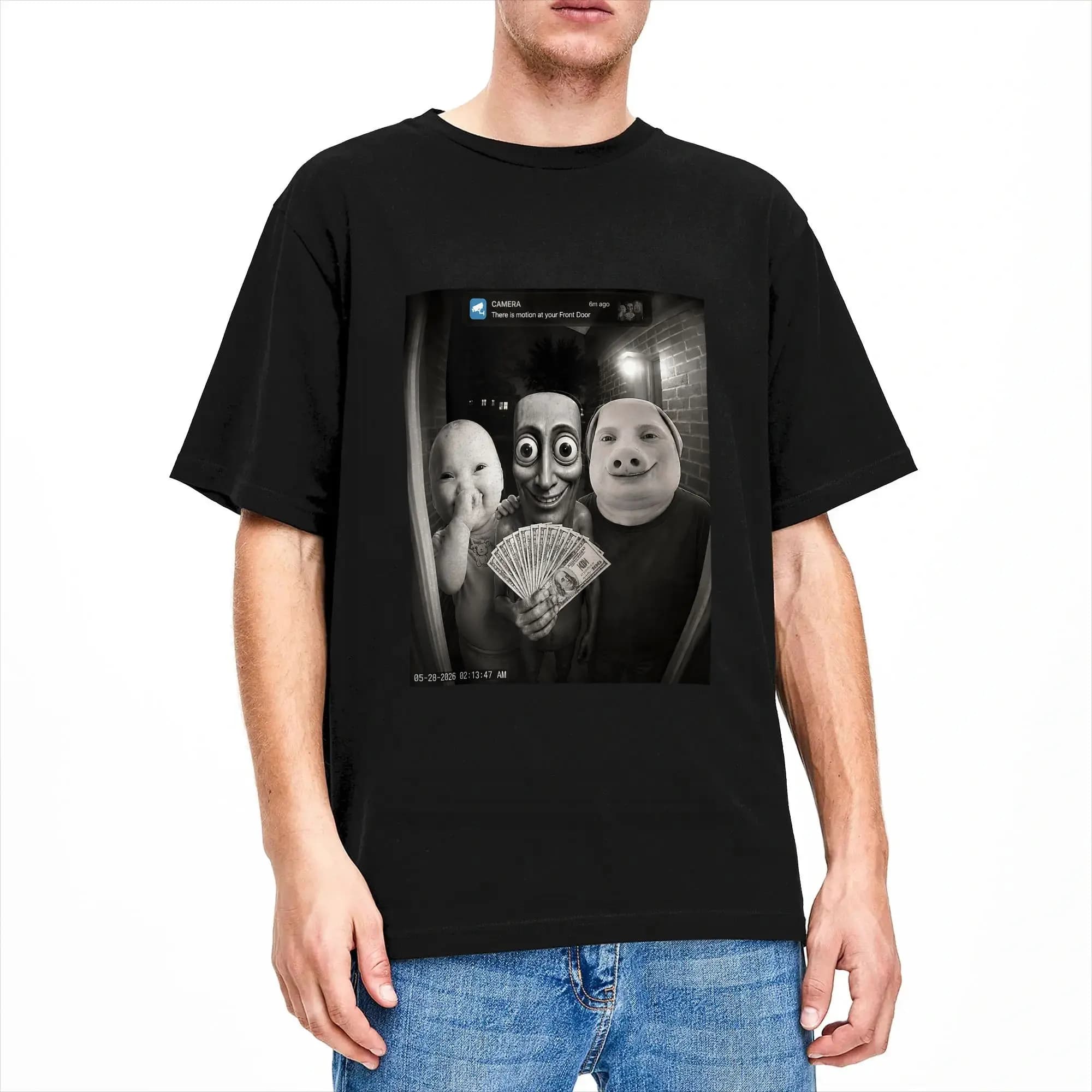 Funny Front Door Camera Notification Brainrot Meme T Shirt Summer Cotton T Shirts Men Design Tshirt Short Sleeve Streetwear Tops