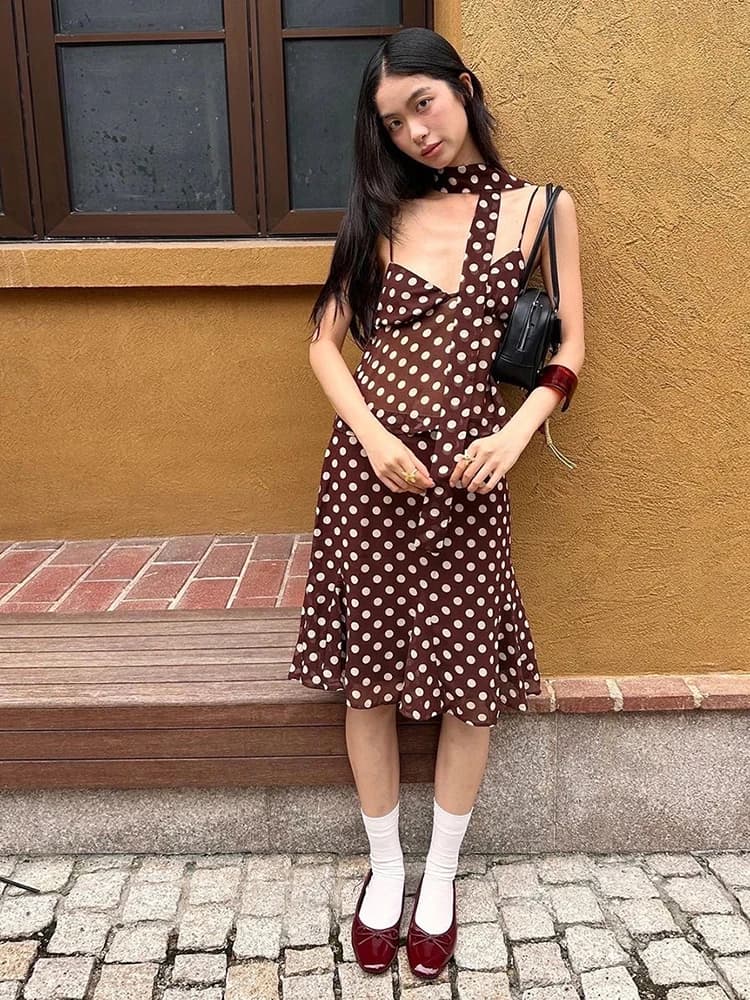 Nibber Polka Dot Print Set da 3 pezzi Sciarpa da donna + canotta con scollo a V Top + Gonne Per il tempo libero High Street Comodi abiti dolci ed eleganti