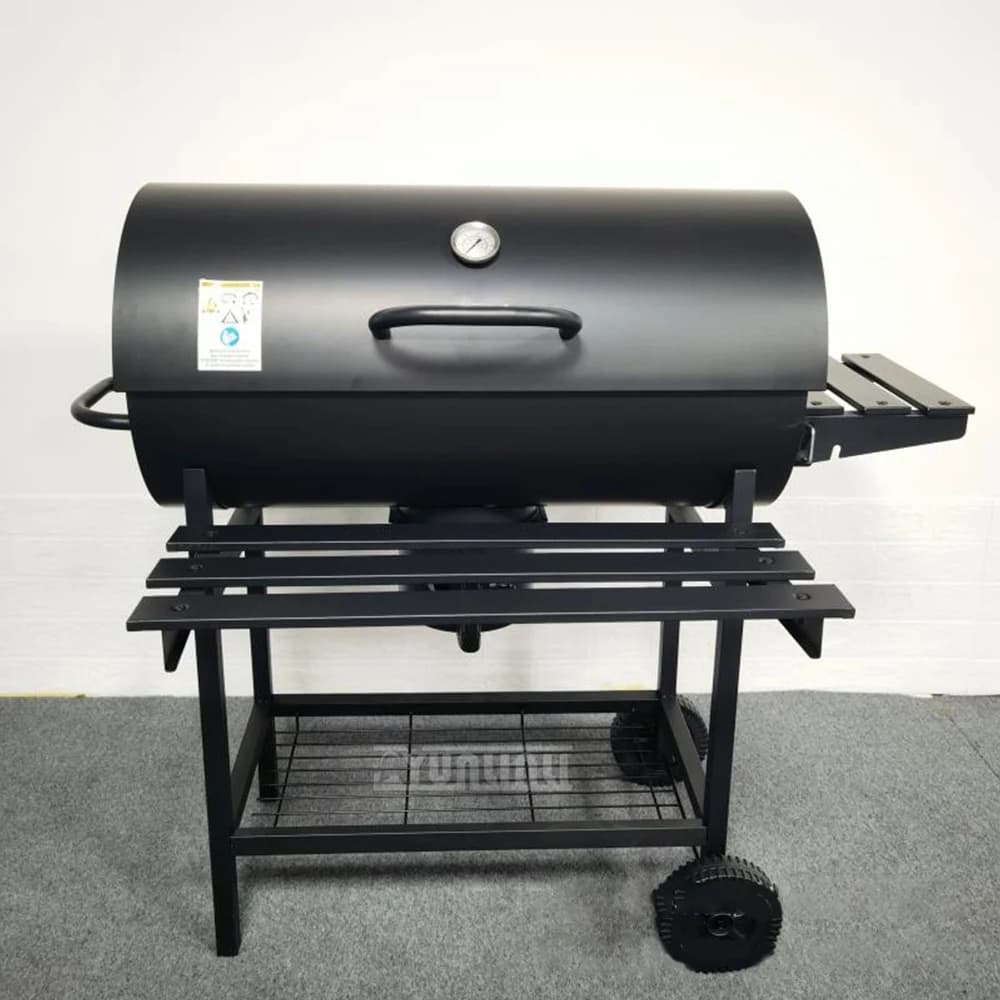 Barbecue a carbonella a forma di barile con tre ripiani, termometro e griglia a doppio strato in ferro cromato