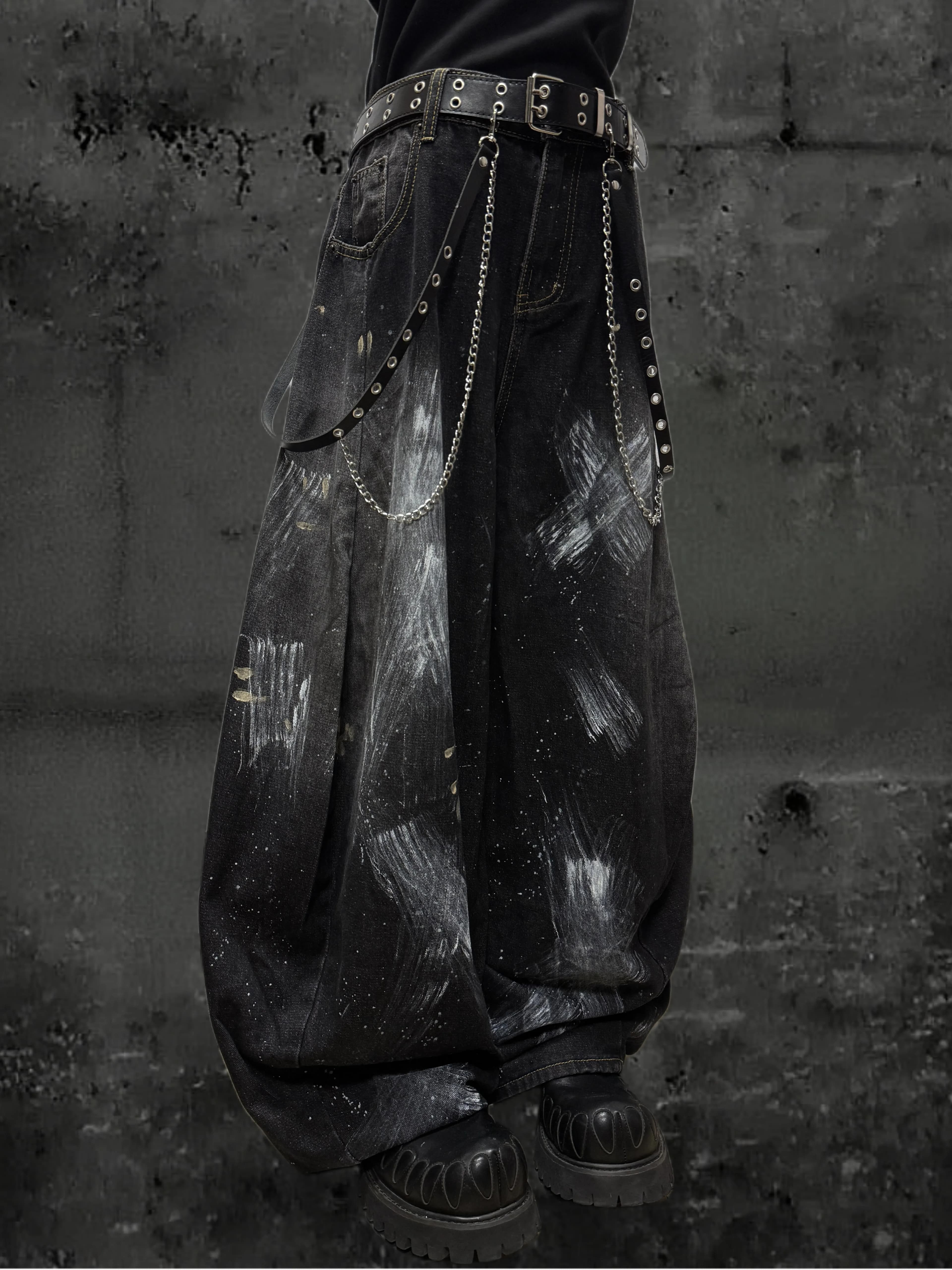 Design di nicchia Graffiti American Jeans da uomo e da donna Punk Pantaloni larghi a gamba larga Splash-Ink Distressed Matchet Autunno