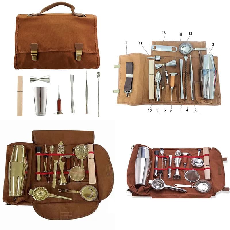 Set di shaker per cocktail Jigger da bar da 15 pezzi con borsa da viaggio per barista