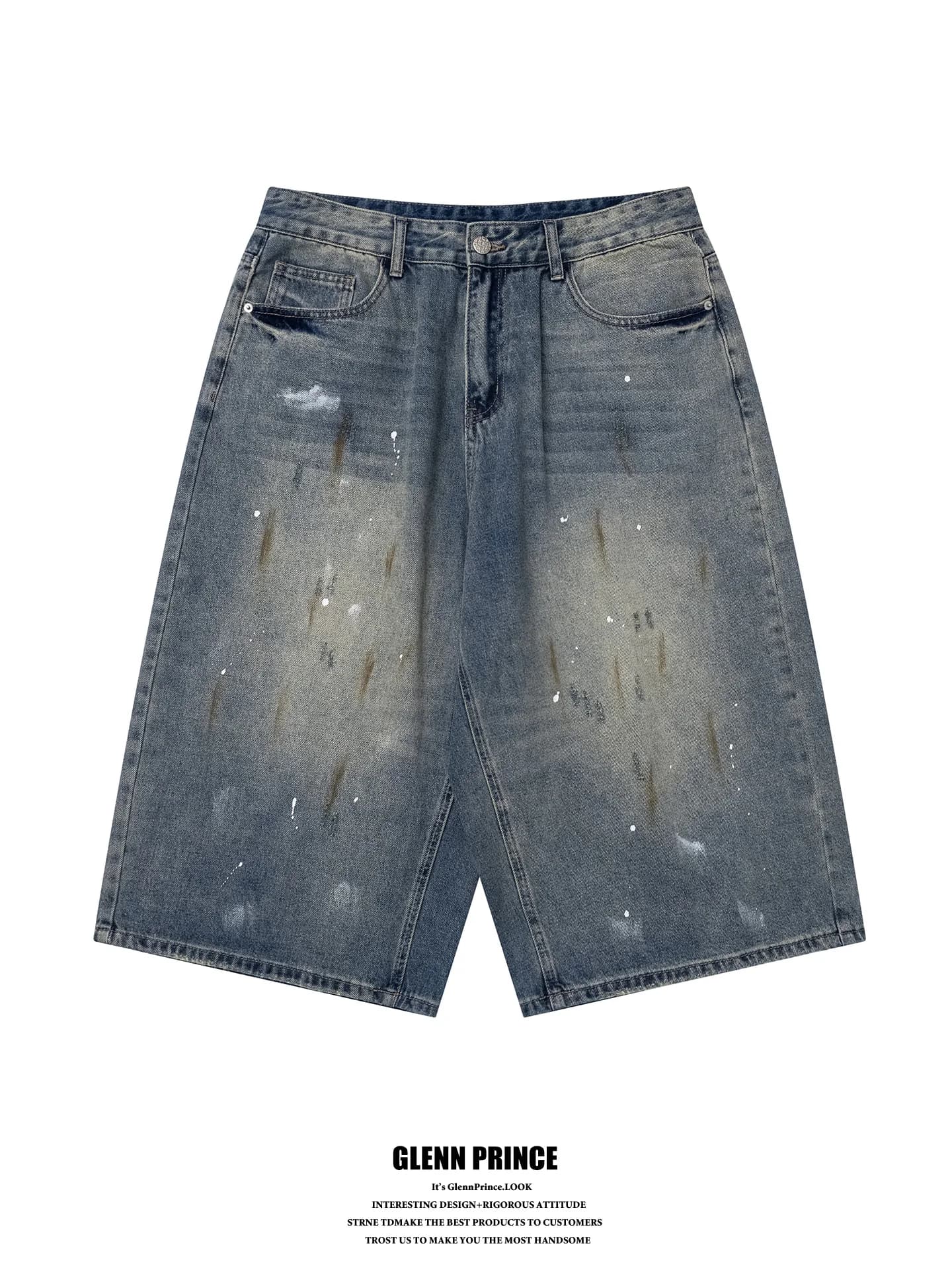 Retro American Washed Distressed Denim Shorts Men Summer Street Couple Wide Leg Seven Parts Cotton Polyester Blend Jeans