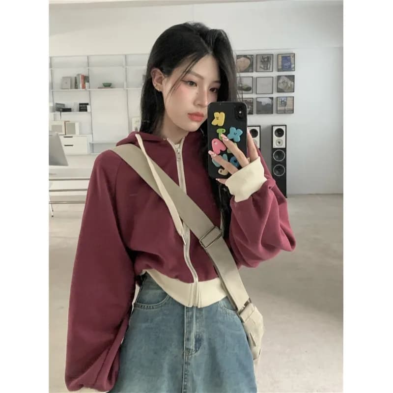 Korean Style Color Block Hoodie Jacket Women's Short Sleeveless Drawstring Zipper Simple Long Sleeve Top for Autumn 2025