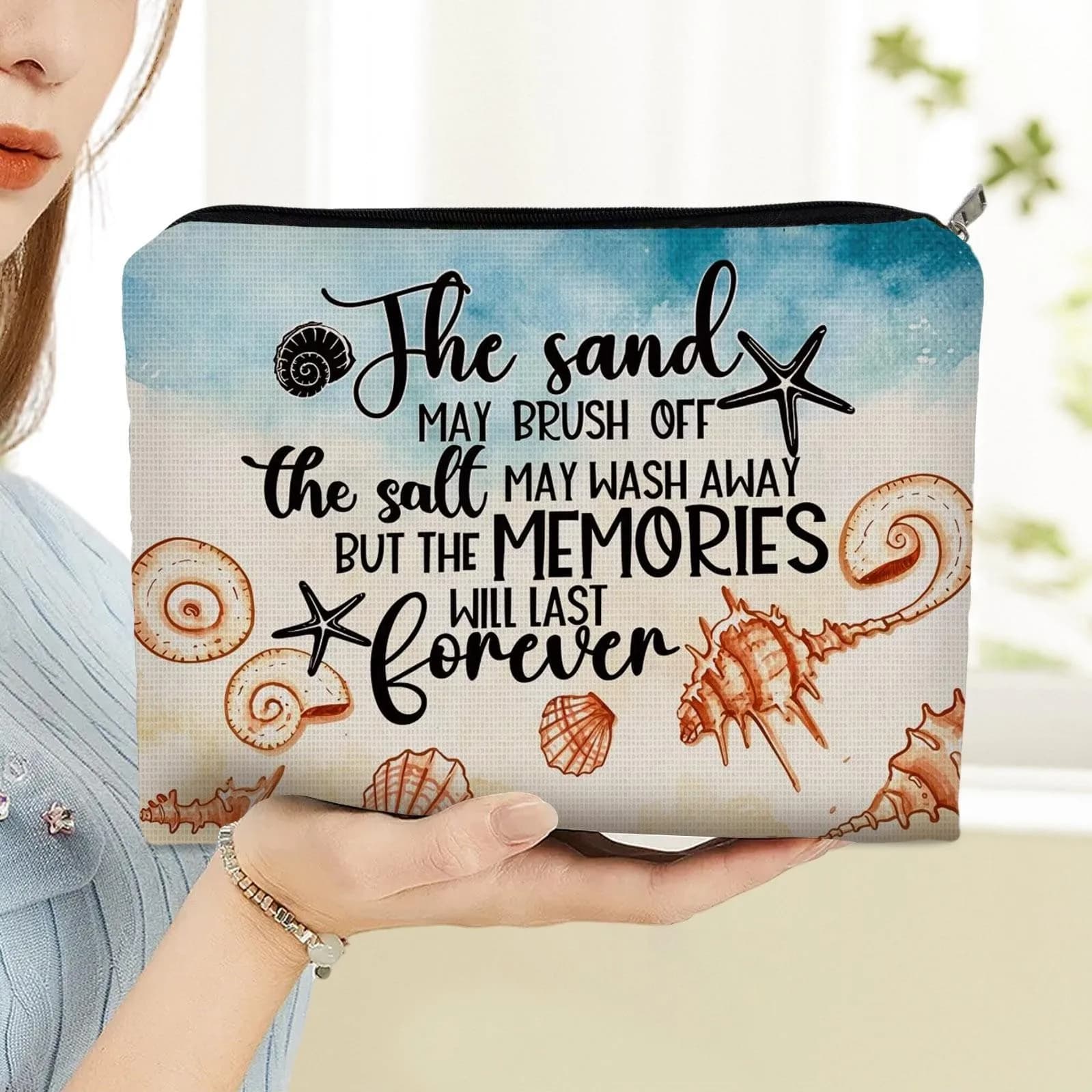 Coastal Watercolor Seashell and Starfish Makeup Bag Portable Cosmetic Pouch Perfect for Travel and Daily Cosmetic Storage