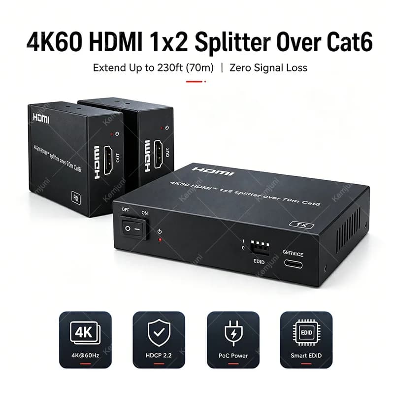 Extender HDMI 4K60 1x2/1x4/1x8 su CAT, Trasmissione 70M, Gestione EDID Intelligente, Supporta Funzione PoC