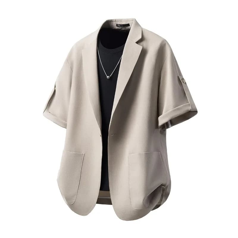 KIDWHXR Man Summer Suit Coat Korean Solid Single-breasted Pocket Men Blazer Loose Short Sleeve Business Casual Male Outerwear
