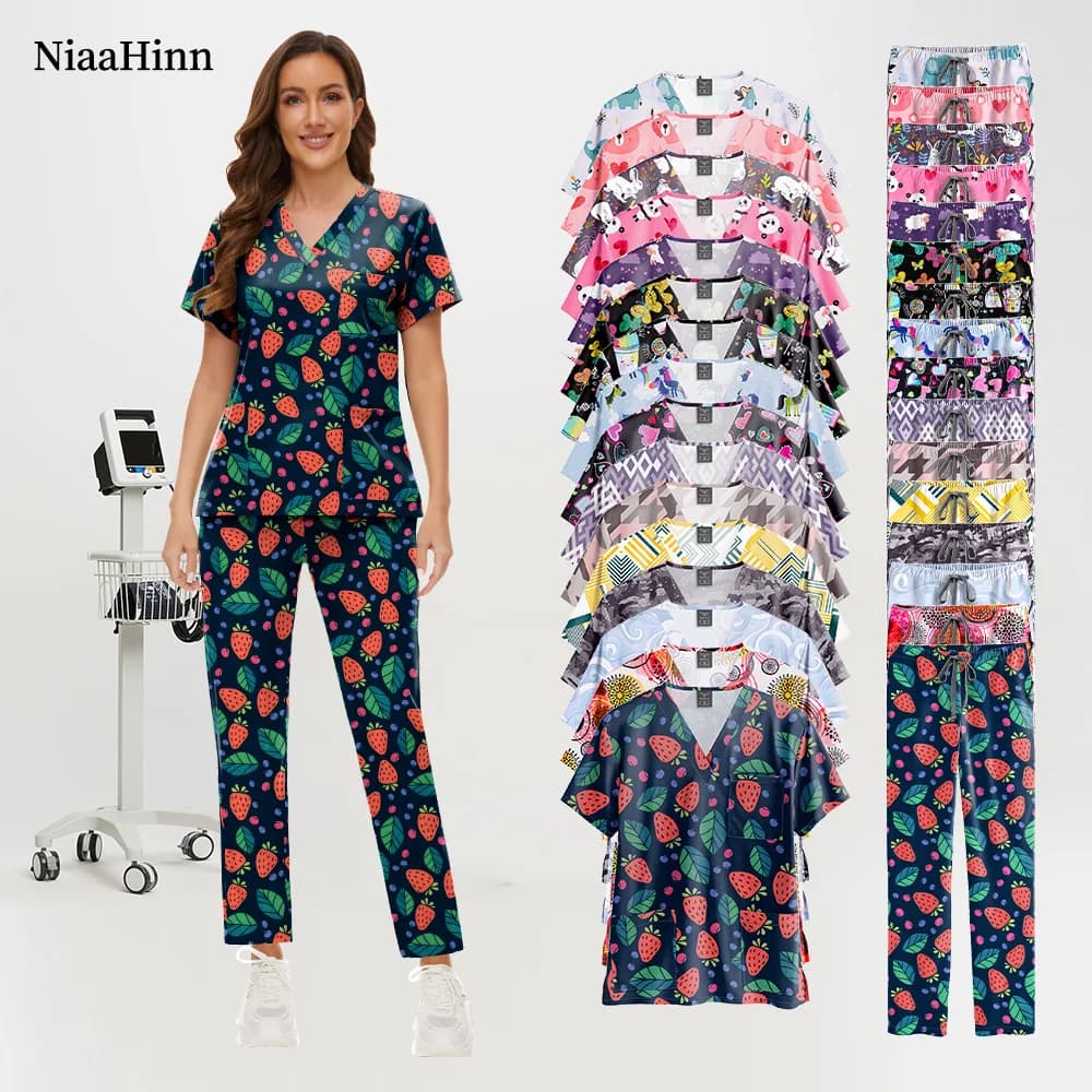 Set di abbigliamento da lavoro per medico stampato per toelettatura di animali domestici, uniforme medica per infermiere, sala operatoria, abiti da lavoro chirurgici, set veterinario elastico a maniche corte