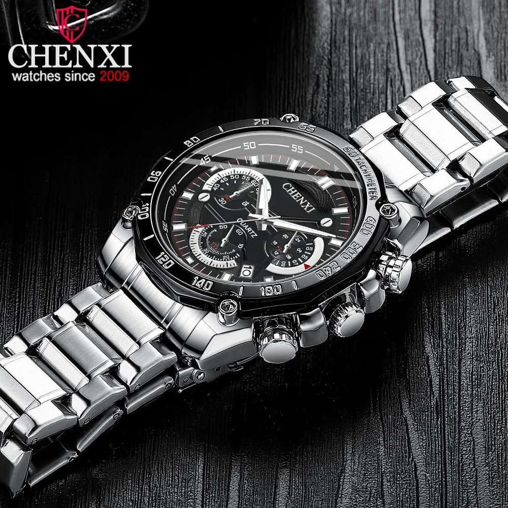 CHENXI men's watches in stainless steel, Luxury chronograph, Quartz Sport Watch, Waterproof with Calendar and Date