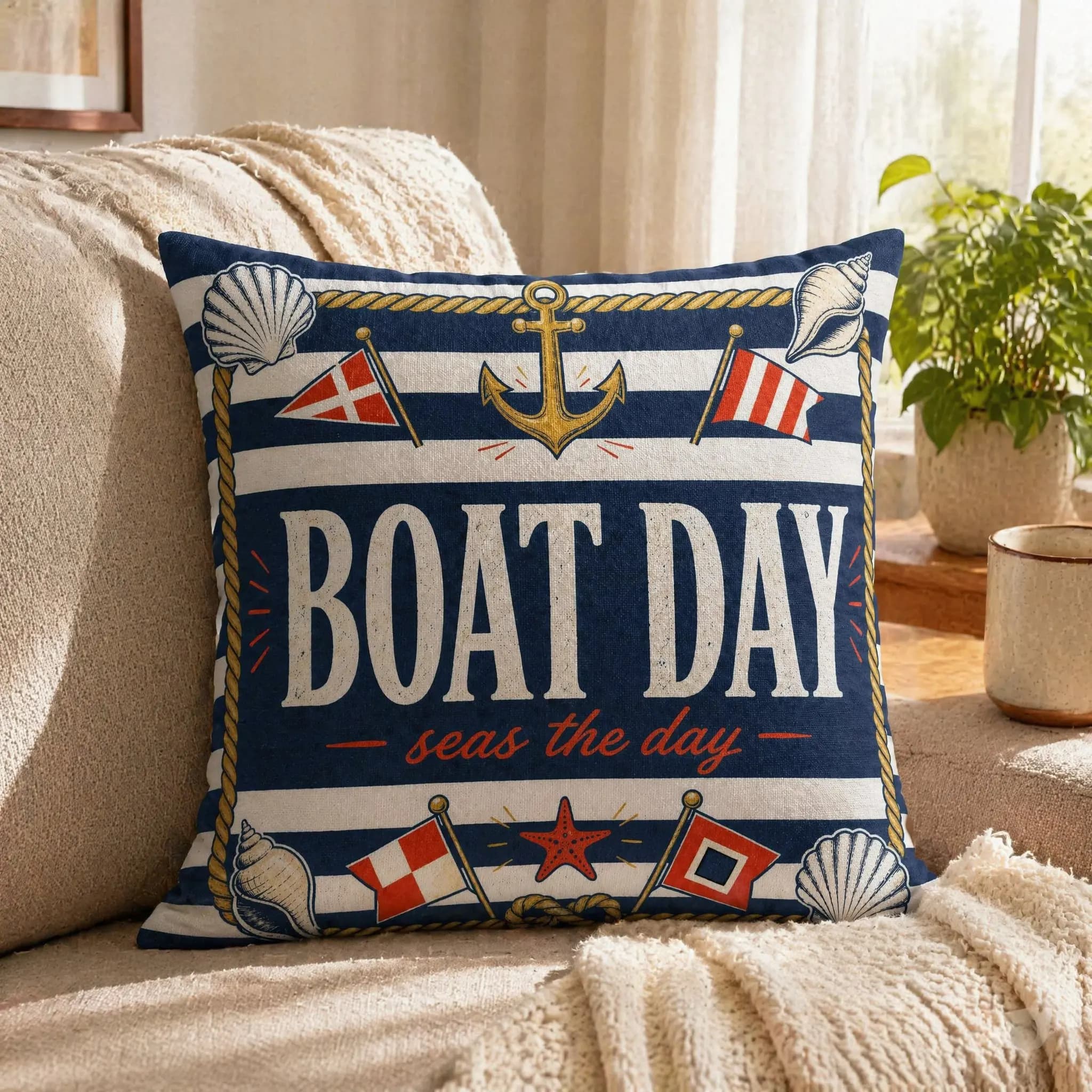Nautical Boat Day Pillow Cover, Suitable For Sofa Bedroom Decoration, Unique Holiday Gift