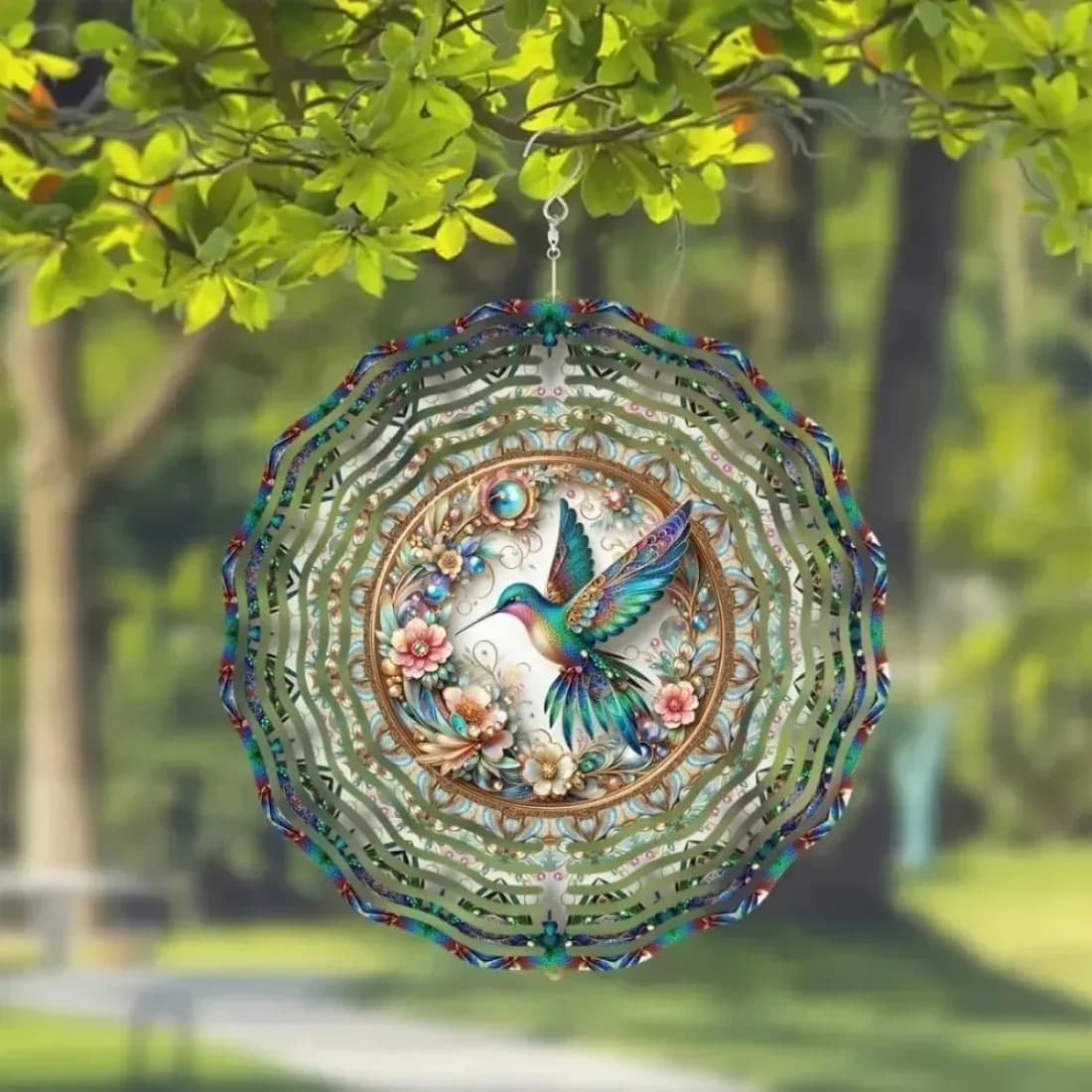 Vibrant Hummingbird Wind Chime - Floral Mandala Metal Spinner, Indoor Outdoor Decor for Yard & Balcony