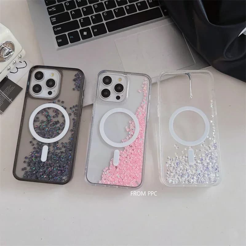 Glitter Drilling Magnetic Case for iPhone 16 15 14 Pro Max Shiny Quicksand Magnets Phone Cover Hard Liquid Shell Luxury Fundas