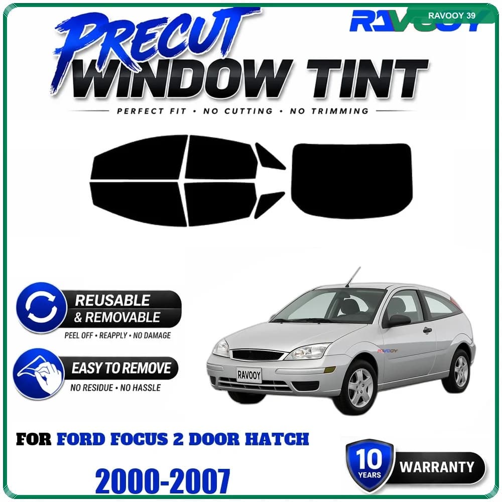 RAVOOY Precut Window Tint, Reusable Removable EPU Film, Custom Fit for Ford Focus 2 Door Hatch 2000-2007, UV Heat Protection