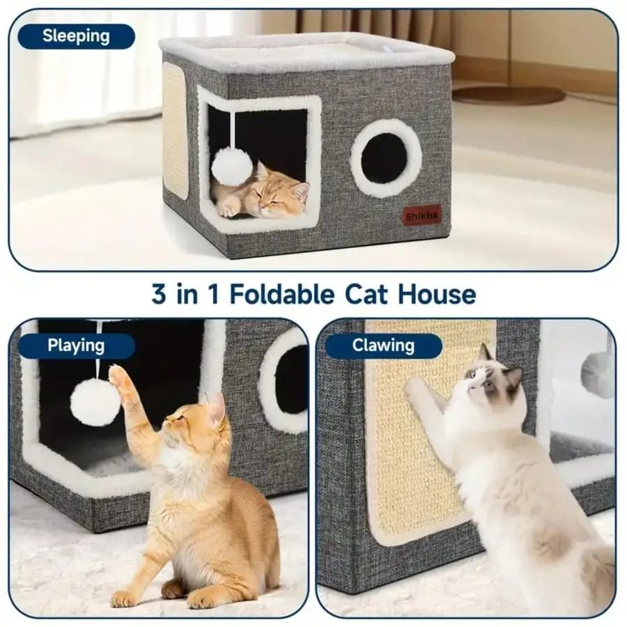 Luxury 4-Season Multi-Level Cat House: Foldable Indoor Play Cube With 2-Layer Bed, Toy Tunnel, Scratching Board, Climbing Rope, Soft Cushions, And Non-Slip Base - Perfect Cat Cave & Warm Bed For Small To Large Cats (Grey)