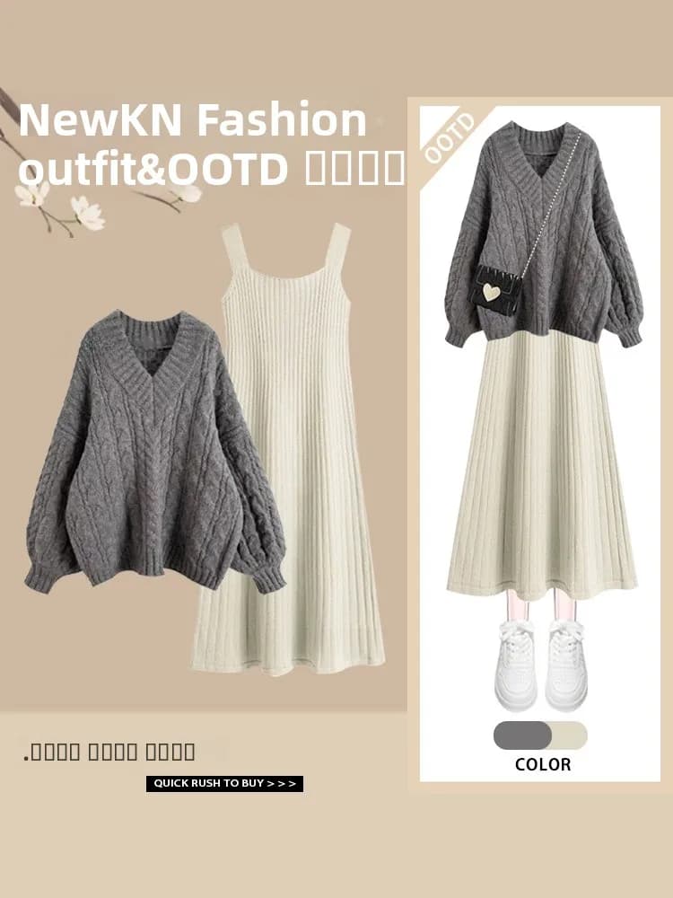 Set Invernale Morbido e Confortevole per Donna, Abito Milk Fufu, Stile Casual, Maglione Lavorato a Maglia, Combo con Scollo a V, Maniche Lunghe, in Fibra di Poliestere