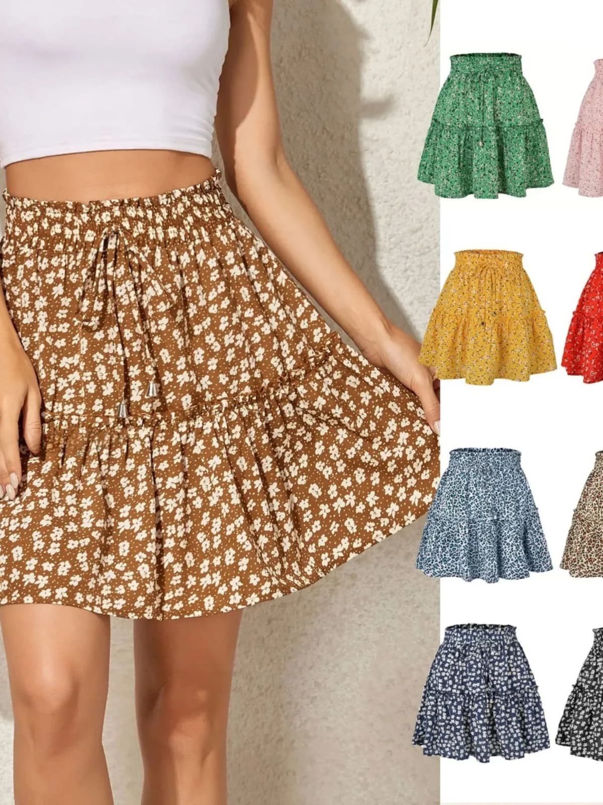 Gonna Corta Floreale a Vita Alta con Volant da Donna, Stile Street, Lunghezza Media, Modello a Trapezio, Stampa Floreale, Orlo a Balze, Nuova Collezione Estiva
