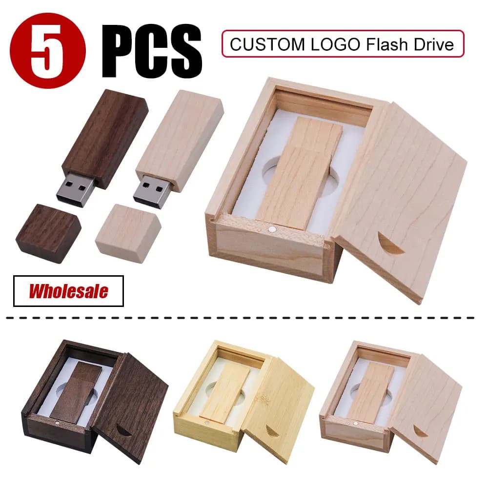 5PCS/LOT Pen drive USB 2.0 in legno di acero da 128 GB con LOGO GRATUITO, Pen drive da 64 GB con scatola, Memory Stick, regalo aziendale creativo, U disk da 4 GB