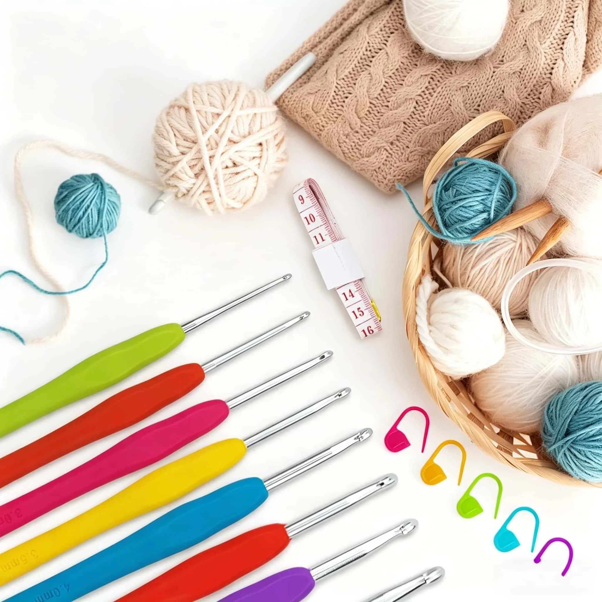 Crochet Hook Kit 39/44Pcs Stainless Steel Hooks Plastic Handles with Stitch Markers Yarn Needles Measuring Tape