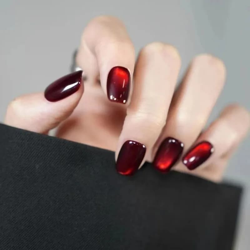 24 pieces red dark nails fake square head cat's eye nails press on fingernails fake nails christmas acrylic manicure simple