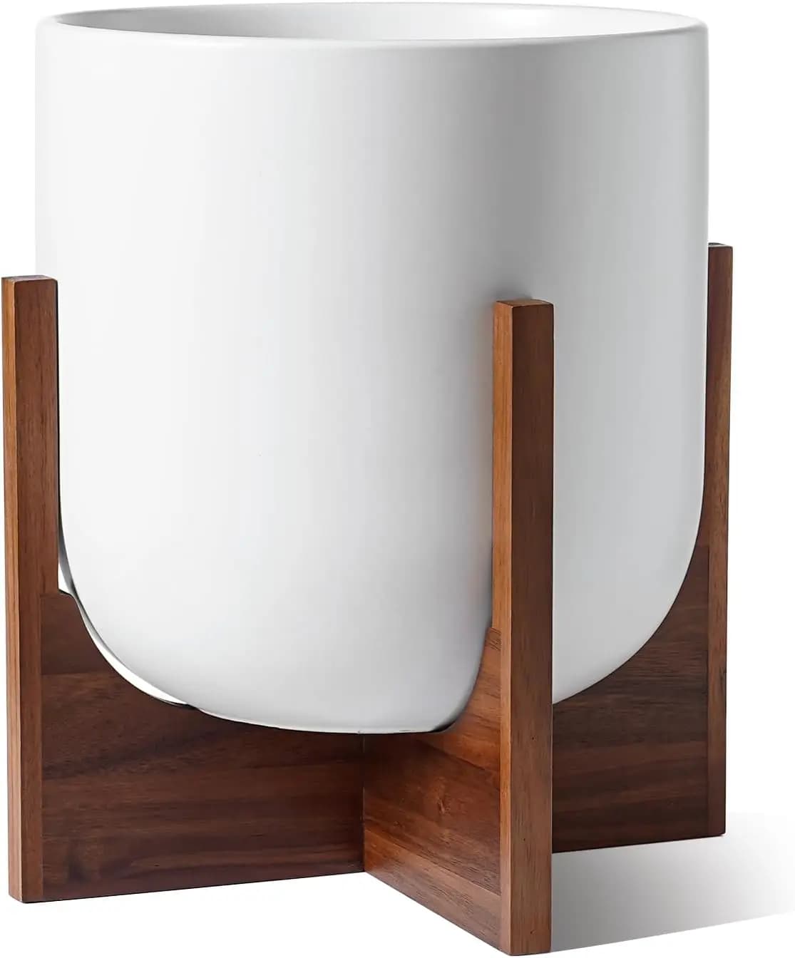 12 inch ceramic planter with wooden support, interior plant pot for office living room, white