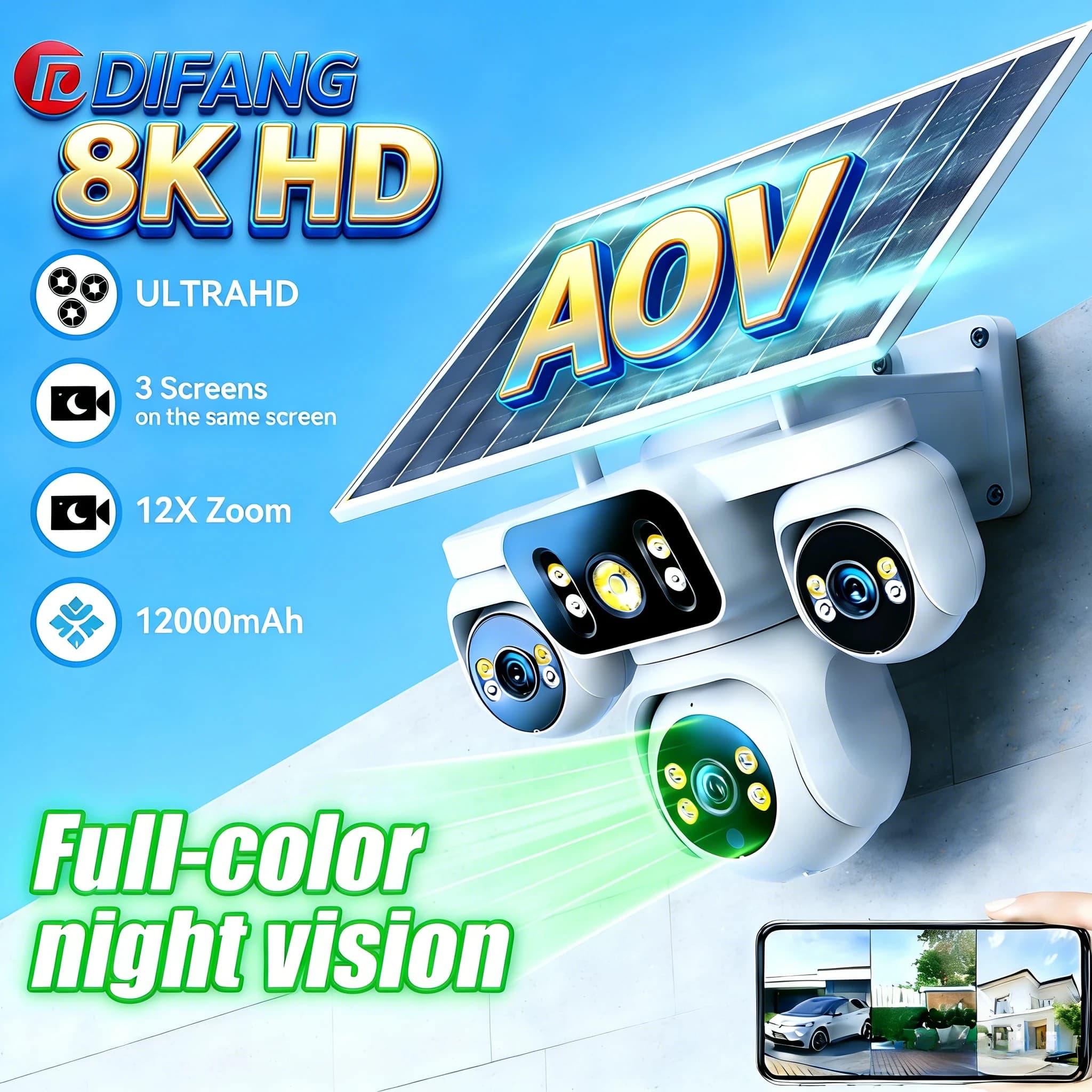 Telecamera di sicurezza solare a triplo schermo 8K 15MP 4G LTE Telecamera di sorveglianza solare wireless Zoom 12X 12000mAh Protezione di sicurezza CCTV