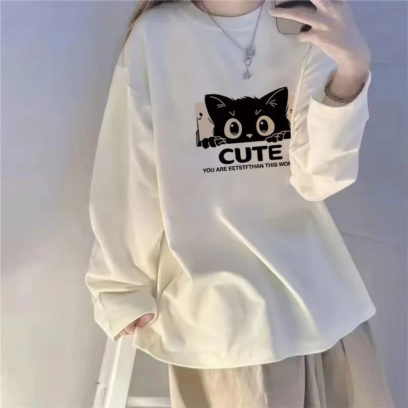 Long Sleeve Pure Cotton T-Shirt Women's Korean Style Chic Large Size Loose Base Shirt Print Spring Autumn Trendy Top