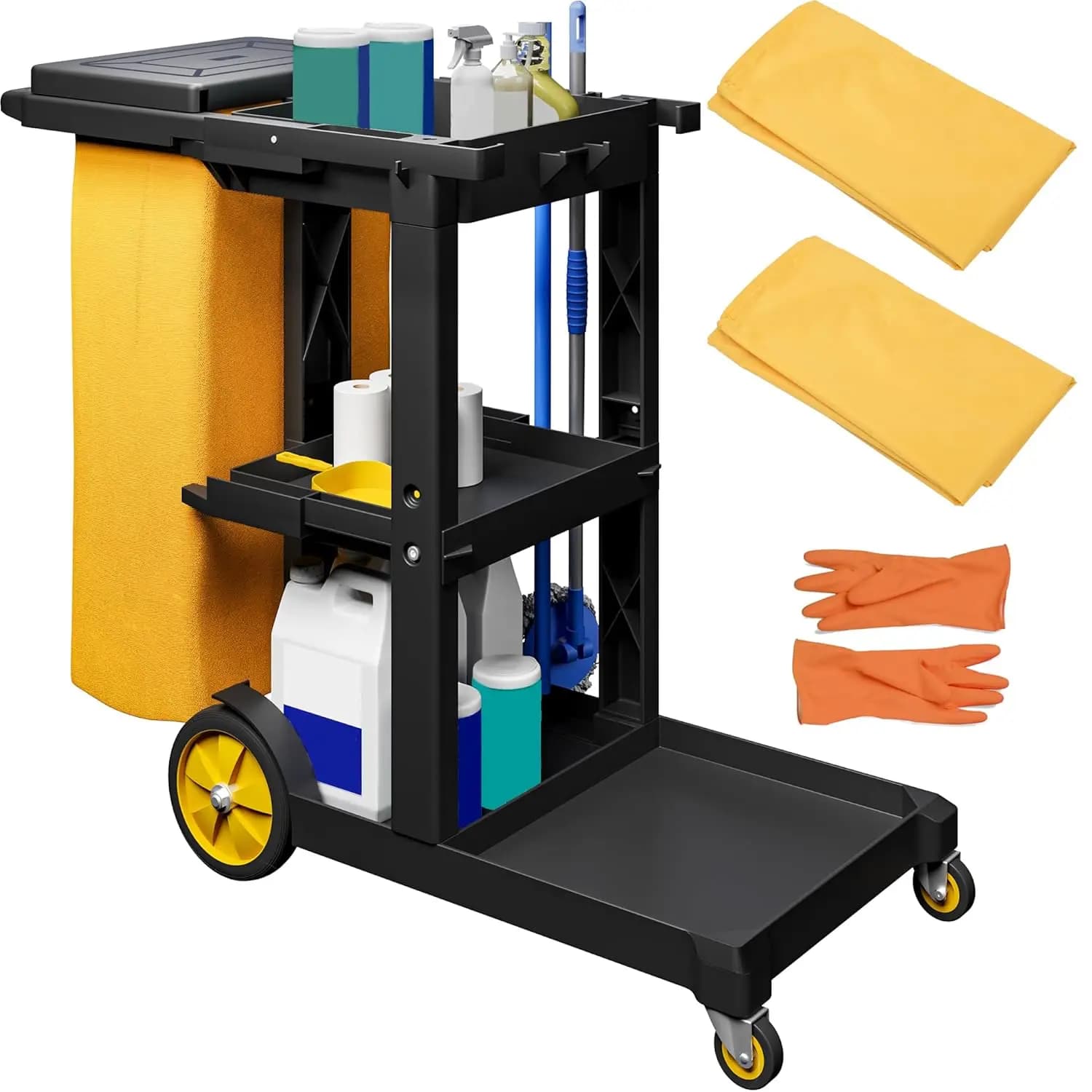 Commercial Housekeeping Cleaning Cart On Wheels, Three Shelf Plastic Janitorial Trolley For Hotel Office School, Sanitation Organizer With Two Yellow Vinyl Waste Bags And Rubber Gloves, Black