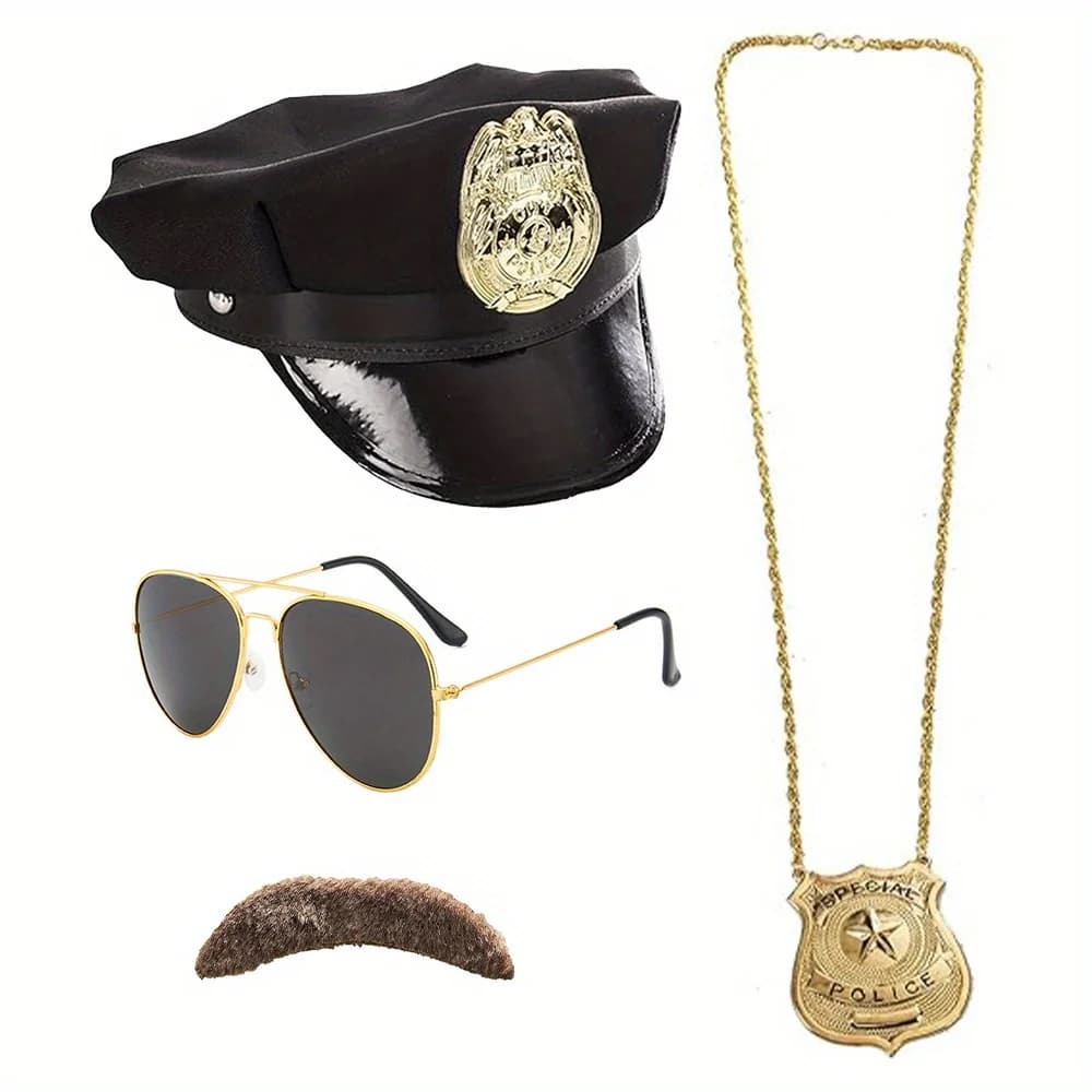 Trasforma il tuo Look con questo Set di accessori per costumi della polizia con cappello, barba e occhiali da sole da aviatore di PESENAR