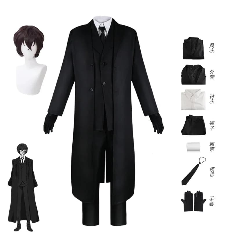 Costume Cosplay Dazai: Giacca Trench Nera, Pantaloni, Guanti, Benda - Outfit Uniforme Dazai Osamu per Halloween, Anime e Comic Con