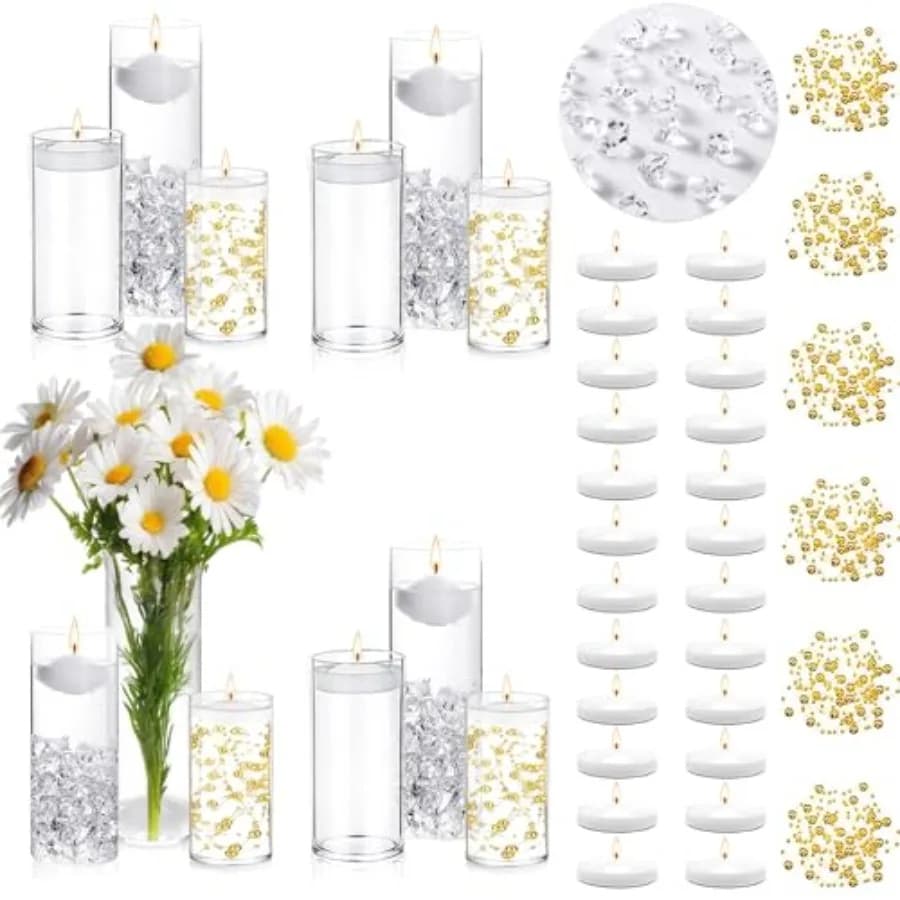 24 Pcs Floating Candles Glass Vases for Centerpieces with 400 Acrylic Fake Ice Cubes 6 Pearl String Vase Filler Floating Candle