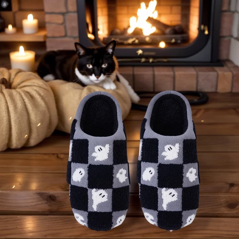 Ghost Checkered Plush Slippers Flat Thermal Slippers Comfortable Thermal Closed Toe Slippers Non-Slip for Indoor Bedroom
