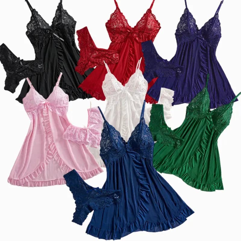 A Set Of Suspenders Pajamas Solid Color Women Lingerie Nightdress V-Neck Thin Sex Home Pajama Plus-Size Nightgown And Panty Sets