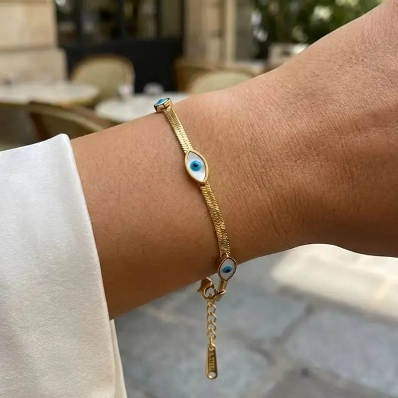 Bracciale da donna con catena a serpente in acciaio inossidabile con delicato amuleto a forma di occhio turco, placcato oro, gioiello da festa, regalo premium