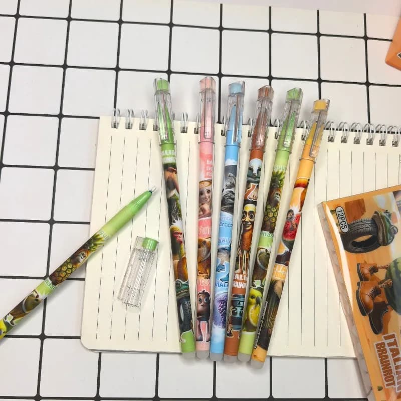 12PCS Italiano Brainrot Tung Penna Cancellabile Neutra Carino Anime Penne Gel Kawaii Ad Asciugatura Rapida Nero Penne Cancellabili Materiale Scolastico